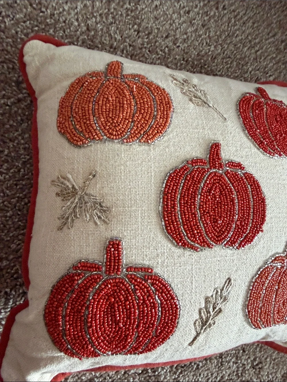 Beaded Pumpkin Accent Pillow - Red & Orange on Cream